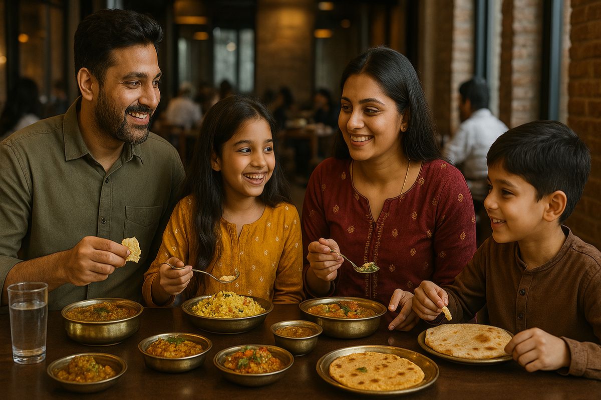 Indian family enjoying traditional Udaipur food at a cozy restaurant table