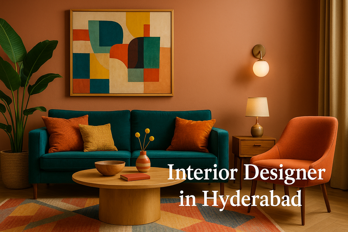 Colorful modern living room designed by a top interior designer in Hyderabad with stylish furniture and geometric wall art.
