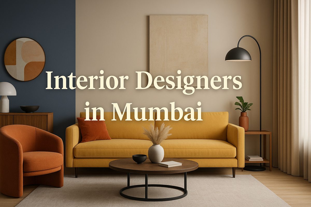 Modern Mumbai living room with bold shadowed "Interior Designers in Mumbai" text in Lora font, vibrant decor.