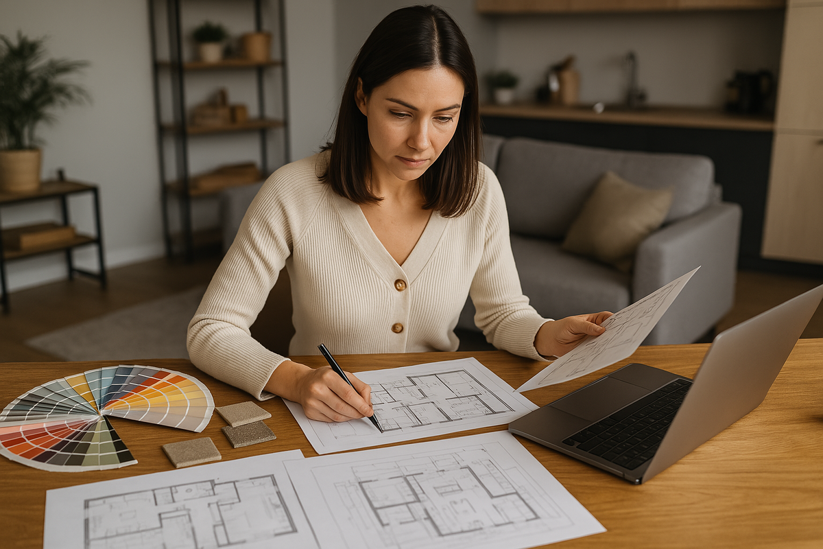 Female interior designer working on floor plans in a modern apartment with design tools and fabric swatches.