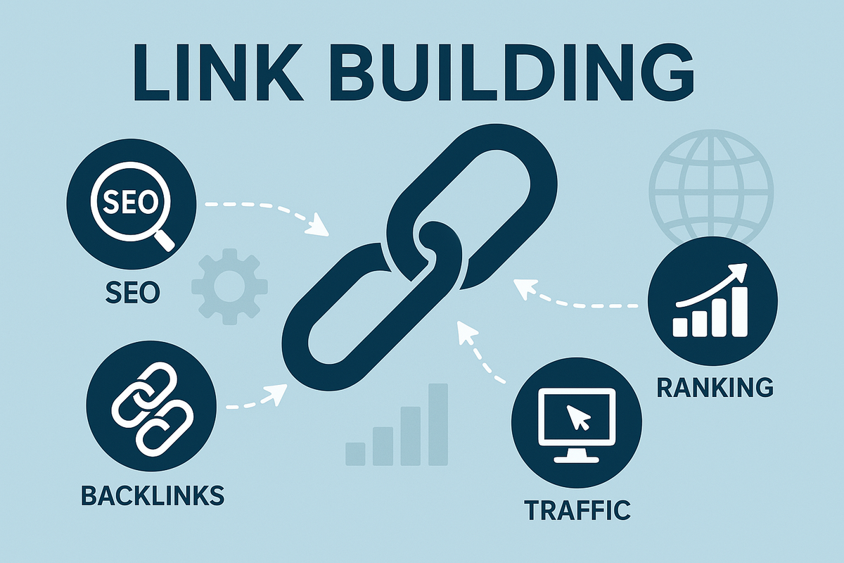 SEO link building concept with backlinks, ranking, and traffic icons on a digital interface.