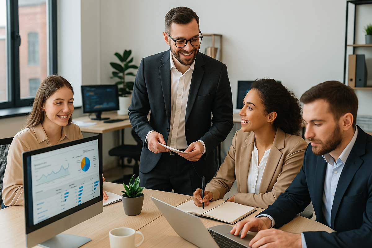 A modern office setting with a team analyzing SEO strategies on a laptop