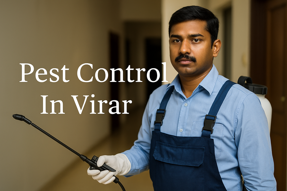 Indian pest control technician in uniform spraying inside a building in Virar.