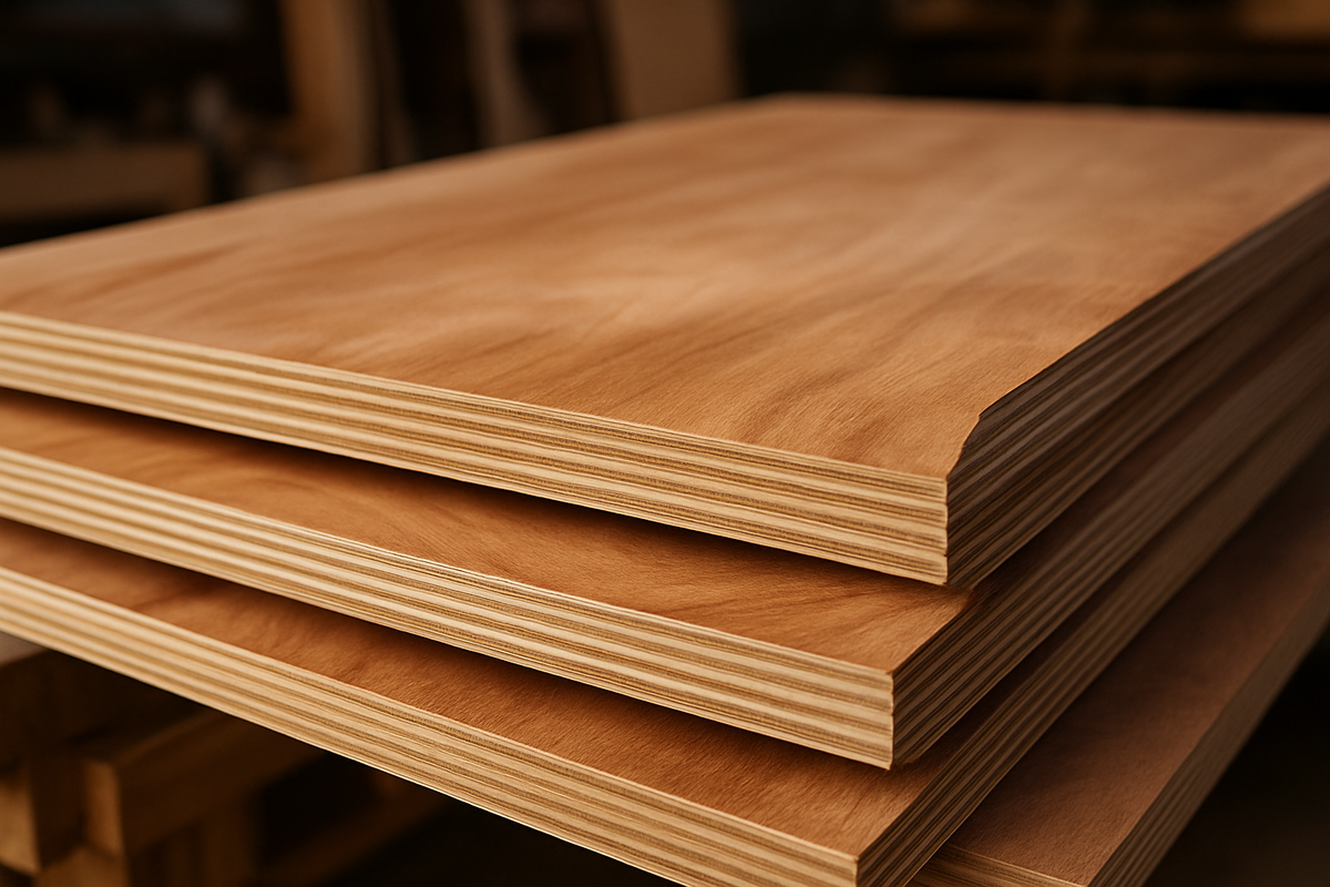 Stack of BWP plywood sheets in a workshop, ideal for waterproof furniture use.