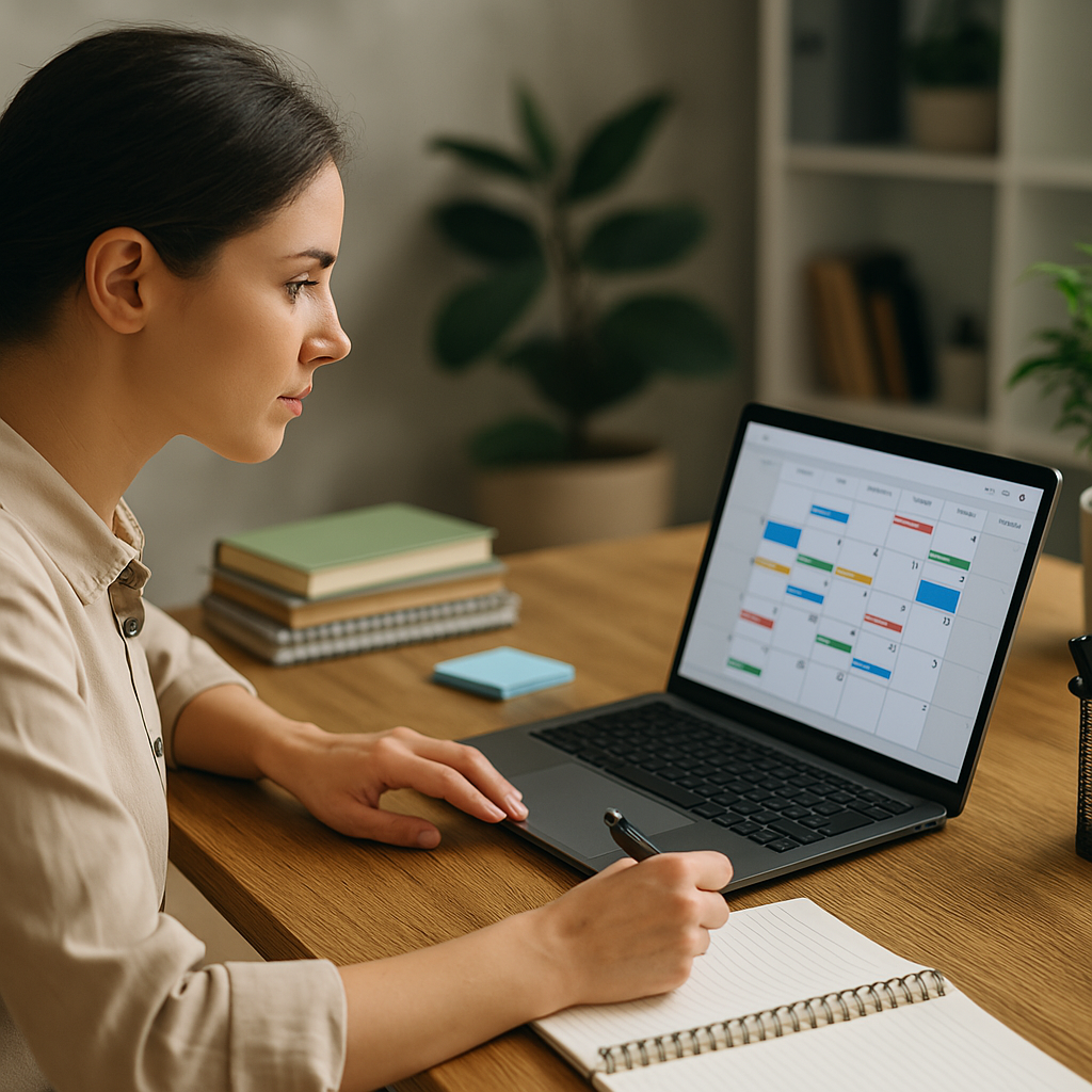 Woman using scheduling software on laptop at organized office desk
