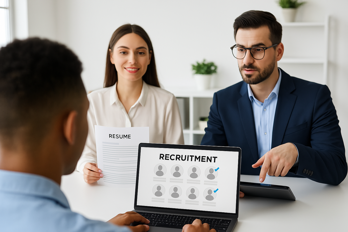Modern office recruitment session with professionals reviewing resumes and digital tools.