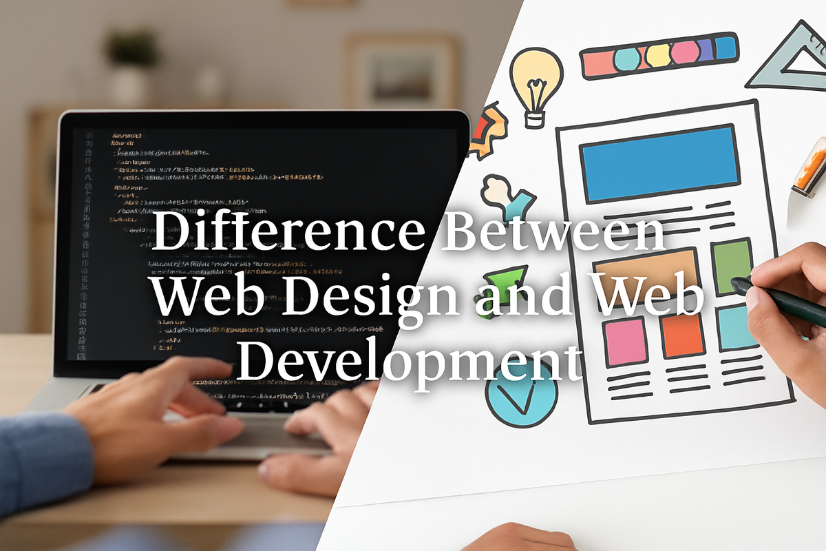 A laptop showing HTML code on one side and hand drawing a colorful website layout on the other side.