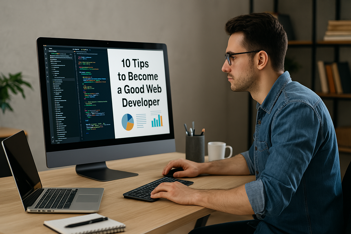 Young web developer coding at a modern desk setup with monitor and laptop.
