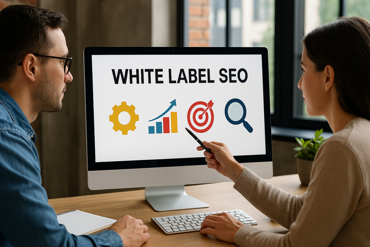 Two marketers working on white label SEO strategy in a modern office setup.