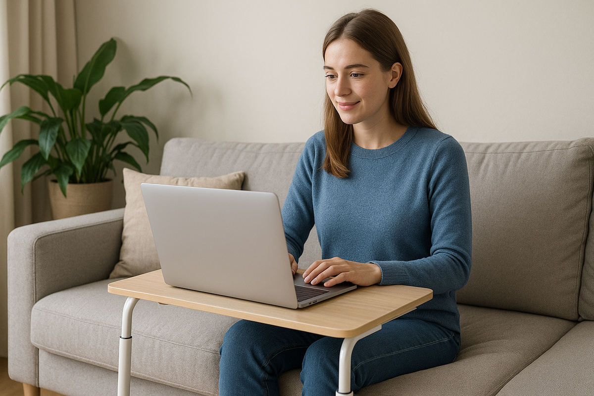 Woman using a laptop on a wooden table while sitting comfortably on a sofa.