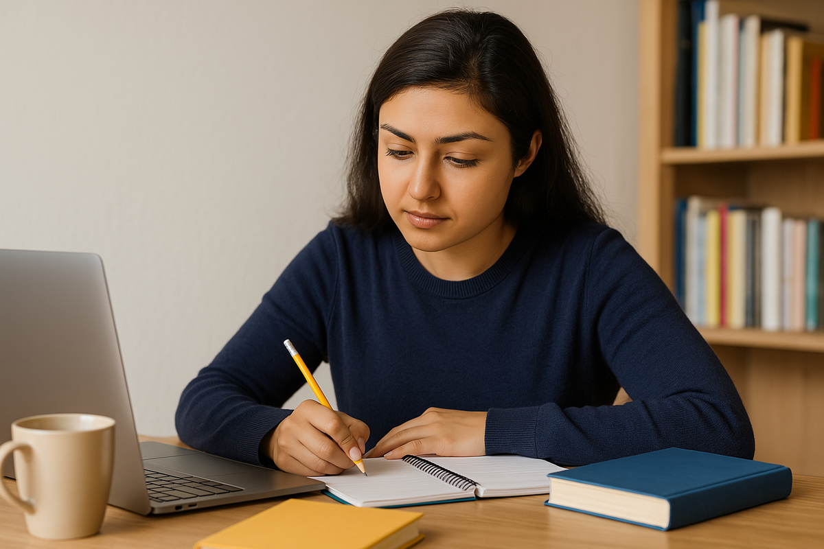 A young Indian woman studying for MPPSC exam at a desk with books and laptop