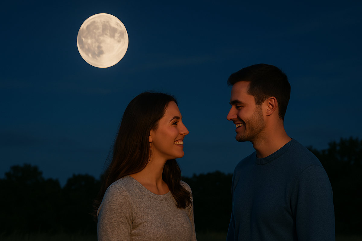 A young couple standing outdoors under a glowing full moon, sharing a quiet moment together.