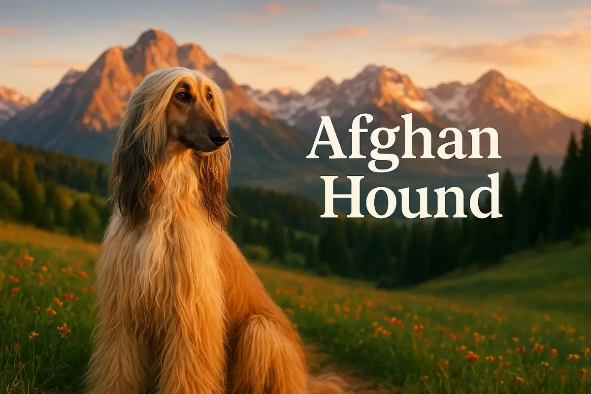 Afghan Hound sitting in a meadow with sunset-lit mountains and wildflowers in the background.