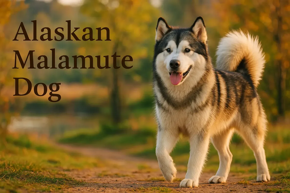 Alaskan Malamute dog walking confidently on a forest path with bold Lora font text overlay.