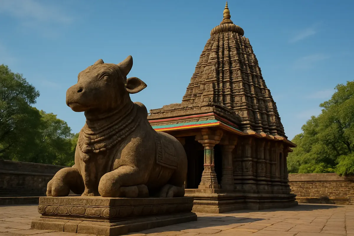 Ambernath Shiva Temple with Nandi statue, ancient architecture, and lush greenery under a clear blue sky.