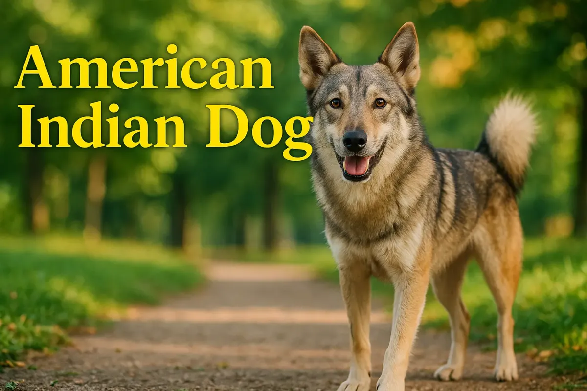 American Indian Dog standing on a park path with bold yellow highlighted text overlay.