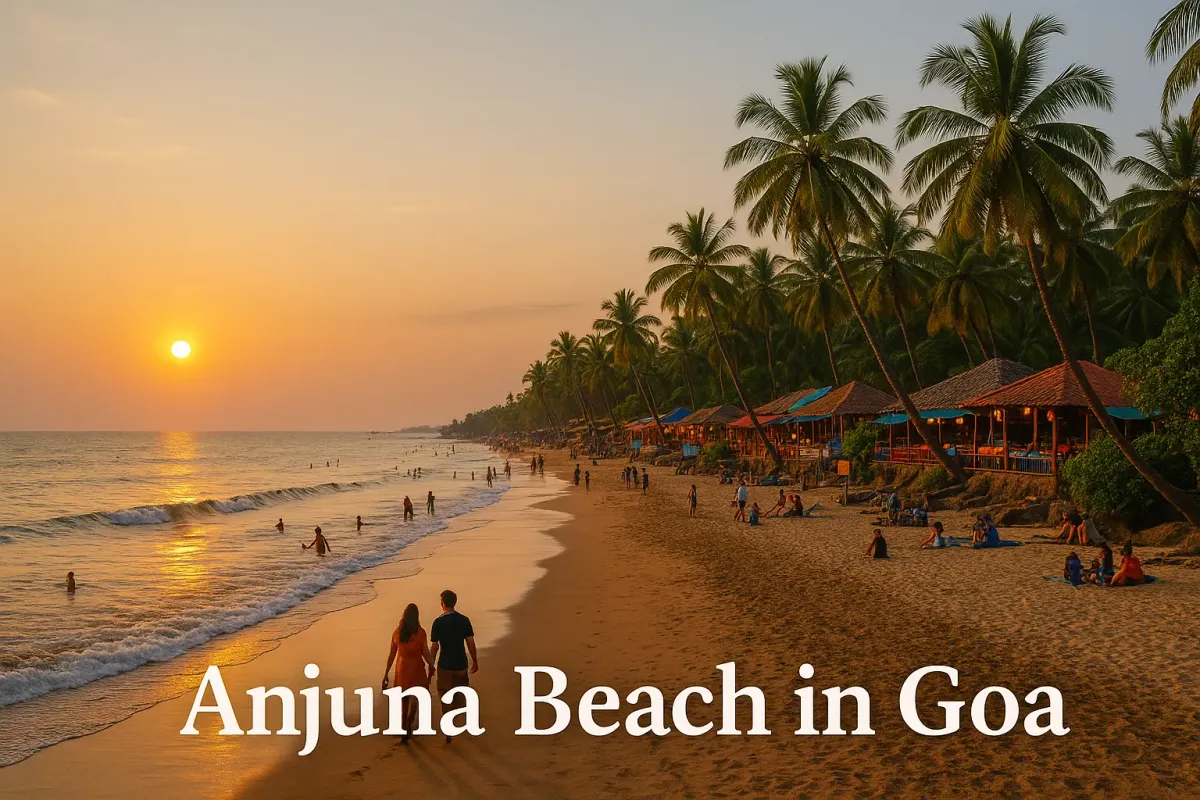 Sunset view of Anjuna Beach in Goa with palm trees, beach shacks, and people walking along the shoreline.