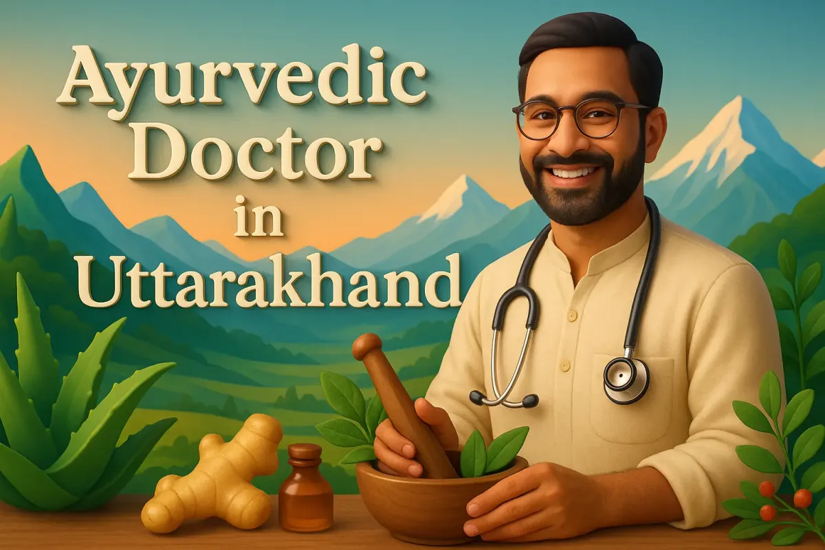 3D image of Ayurvedic doctor in Uttarakhand holding herbs with mountain background and Lora font title