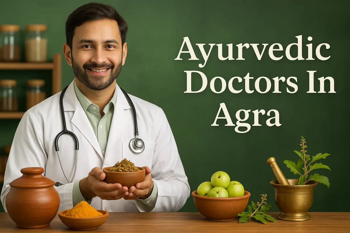 Ayurvedic doctor in Agra offering traditional consultation with herbs and treatments in a serene clinic.