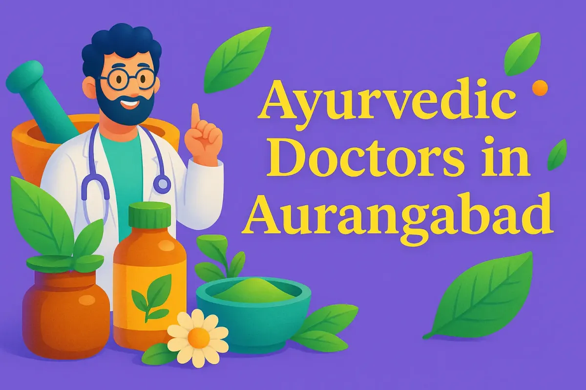 Colorful 4D illustration of Ayurvedic doctors in Aurangabad with herbs, doctor figure, and shadowed Lora font text.