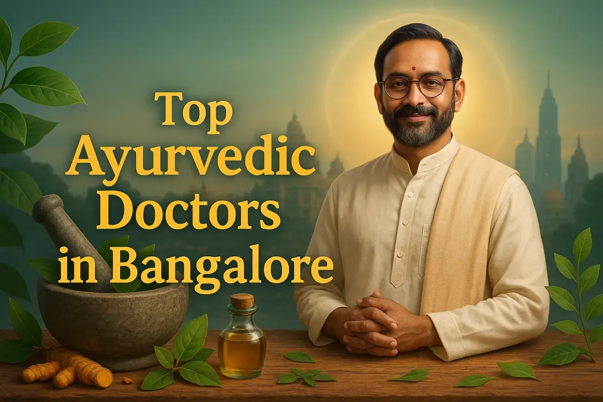 Top Ayurvedic doctor in Bangalore with herbs, oil, and traditional healing setup in a 3D realistic style.