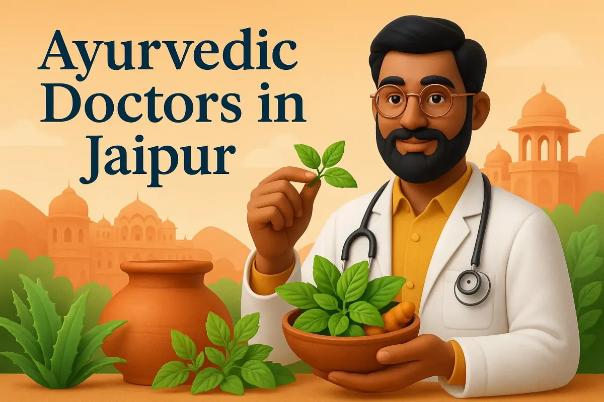 3D image of Ayurvedic doctor in Jaipur with herbs and Hawa Mahal background in Lora font with shadow text