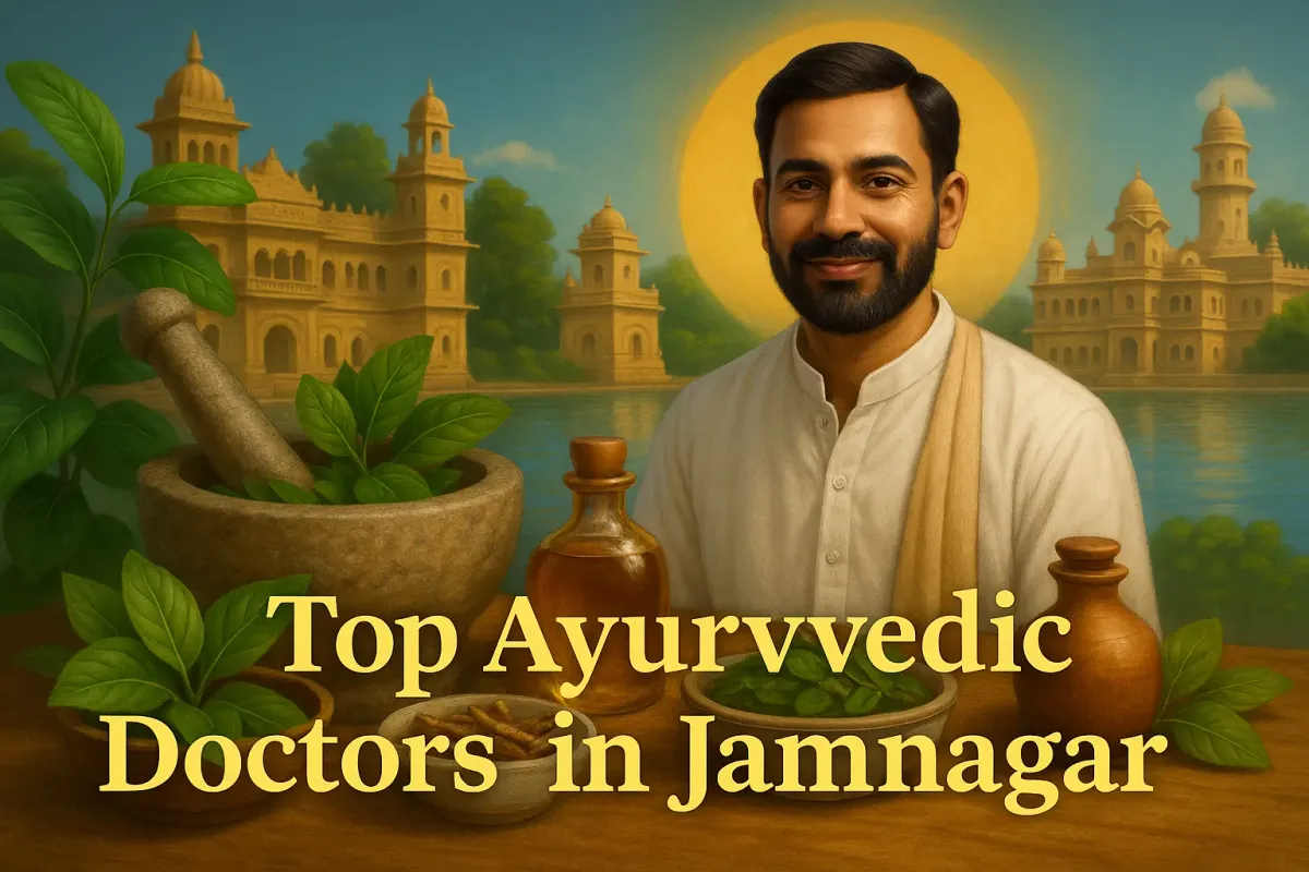 Top Ayurvedic doctor in Jamnagar with herbs and coastal backdrop, showcasing natural healing