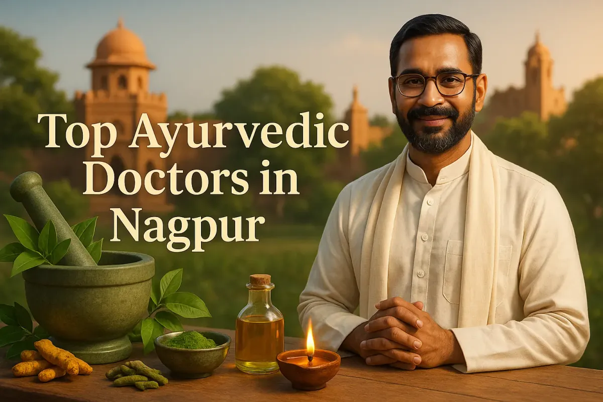 Top Ayurvedic doctor in Nagpur with herbs, oil, and natural healing setup in a colorful 3D traditional environment.