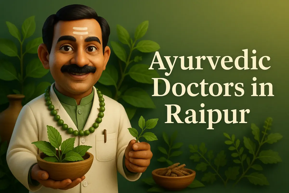 Ayurvedic doctor in Raipur holding herbs with “Ayurvedic Doctors in Raipur” text in Lora font and shadow effect.