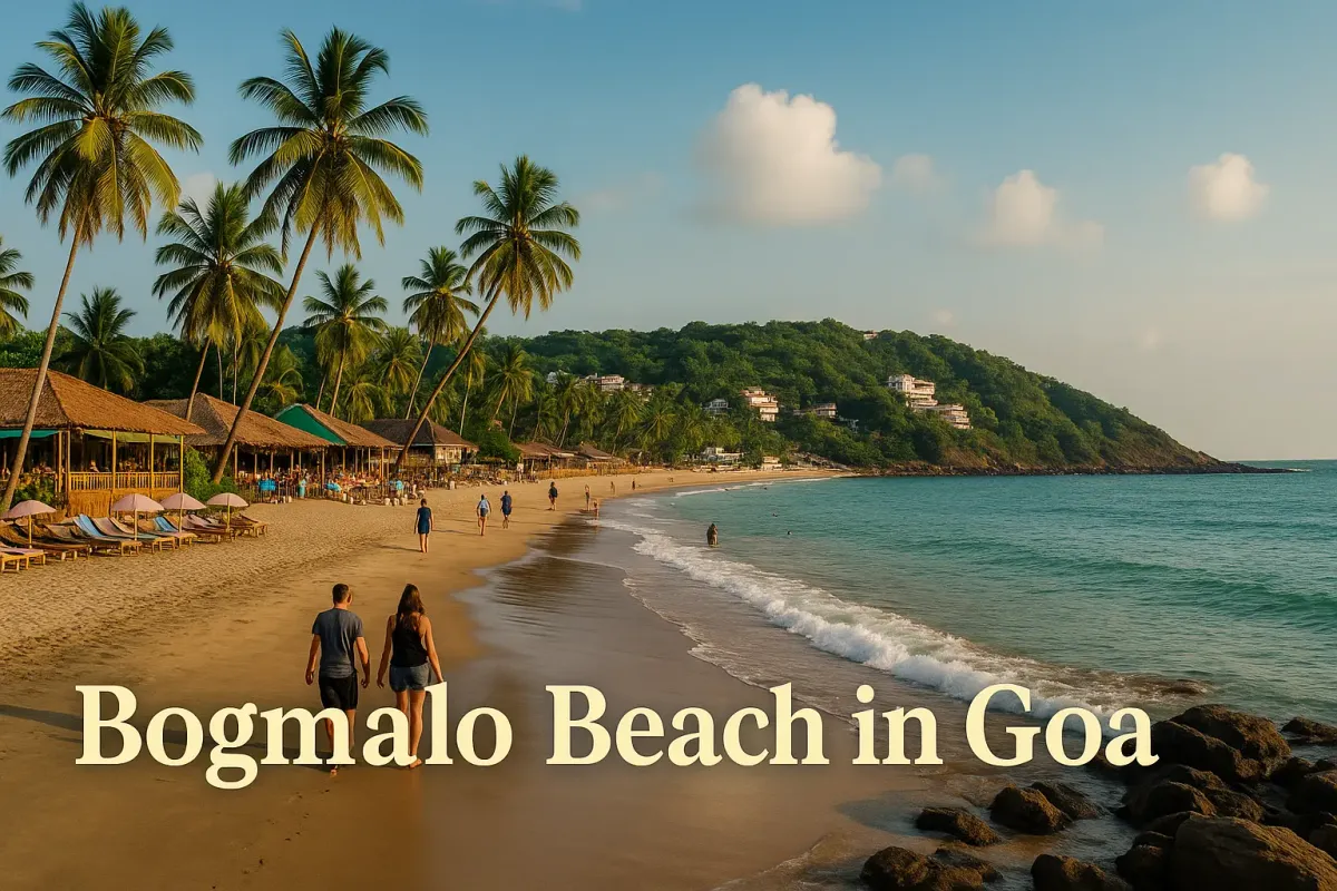 Vibrant view of Bogmalo Beach in Goa with beach huts, palm trees, and tourists walking along the shoreline at sunset.
