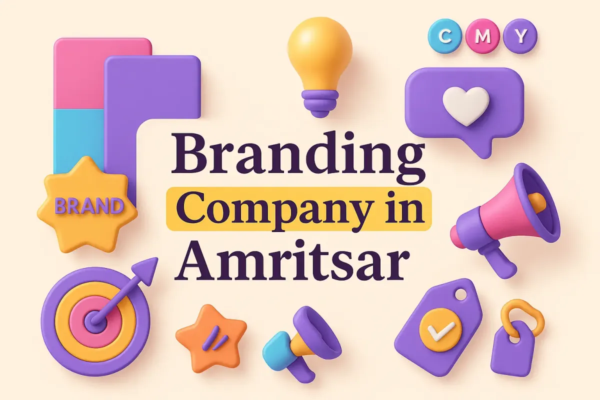 3D branding concept with icons and highlighted text “Branding Company in Amritsar” in Lora font and shadow effect.