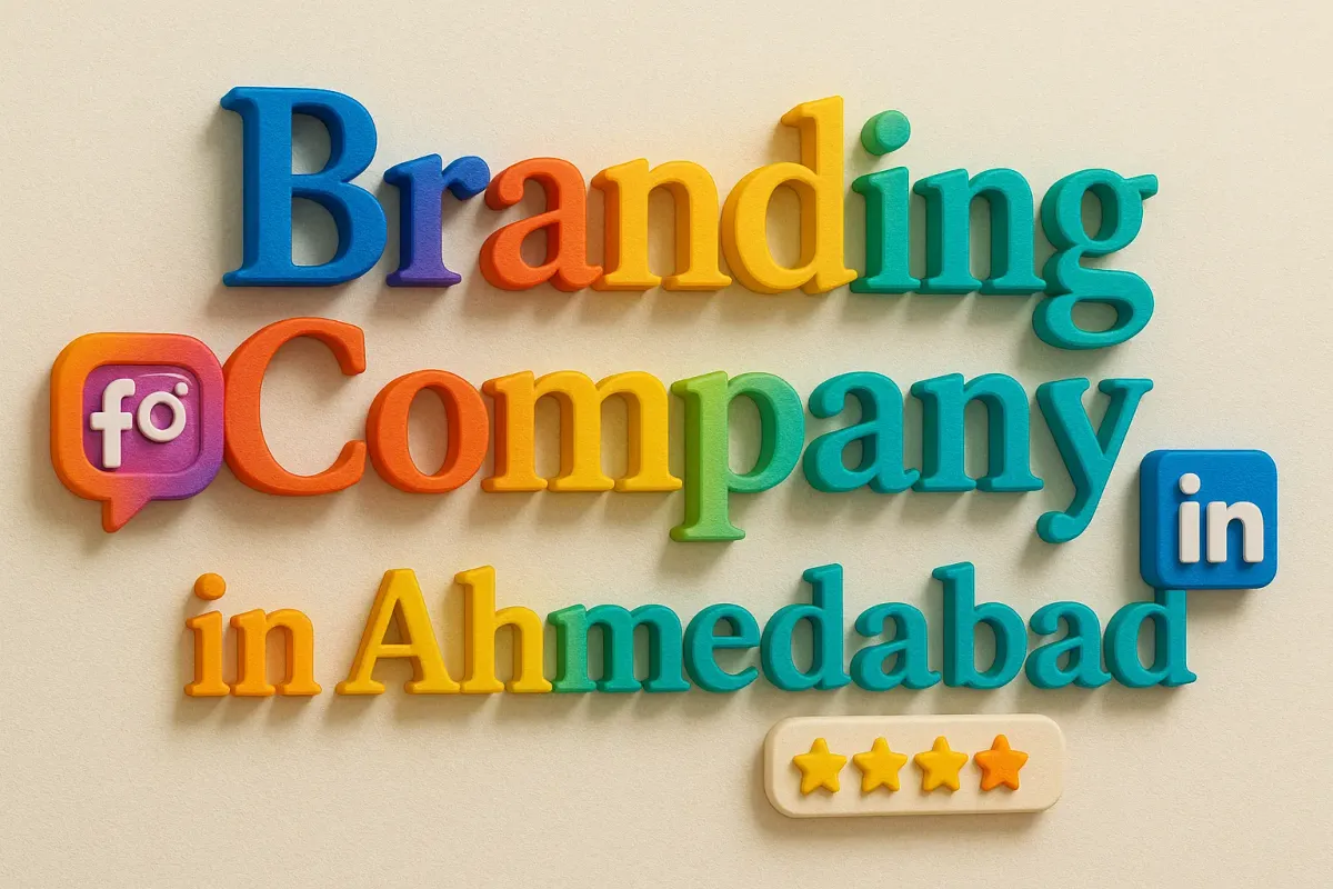3D colorful text "Branding Company in Ahmedabad" with social media icons and star rating on a light background