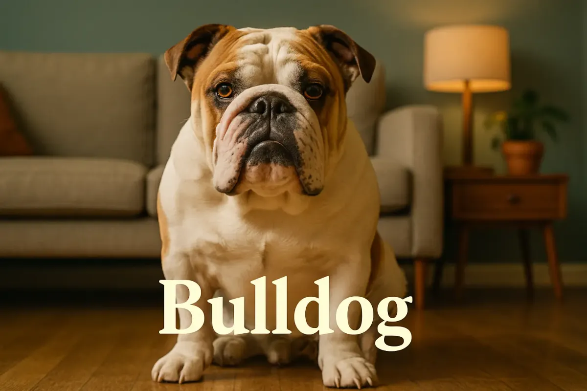Bulldog sitting on a wooden floor in a cozy home interior with warm lighting and stylish furniture.