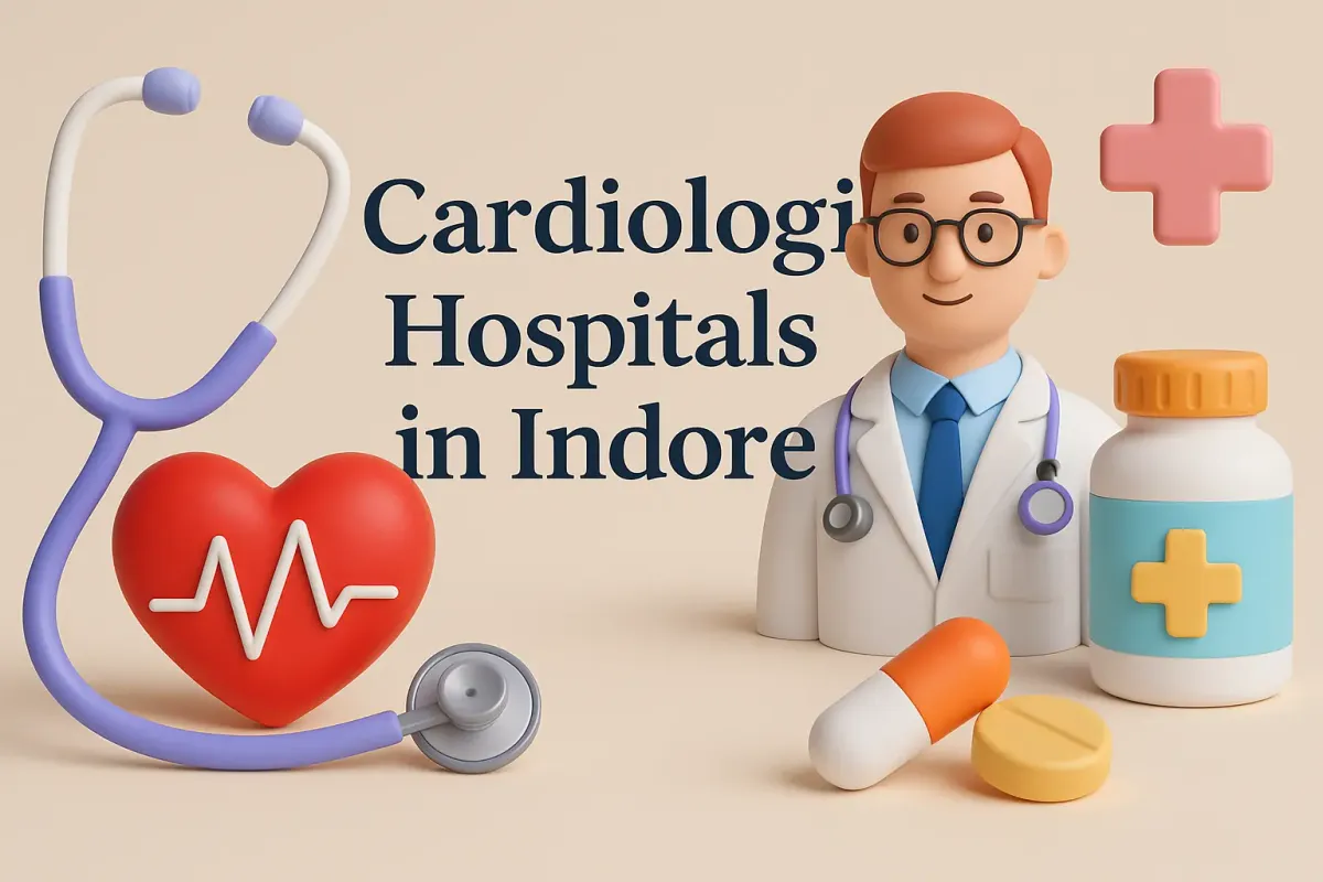 3D cardiologist hospital illustration with Lora font text saying "Cardiologist Hospitals in Indore" and medical-themed icons.