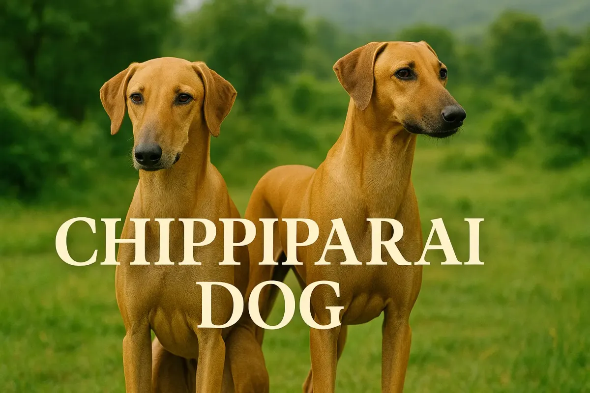Two Chippiparai dogs standing alert in a green field with bold Lora font text highlighting the breed name.