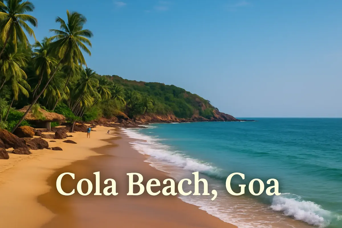 Cola Beach in Goa with golden sand, palm trees, colorful umbrellas, and people walking by the sea on a sunny day.