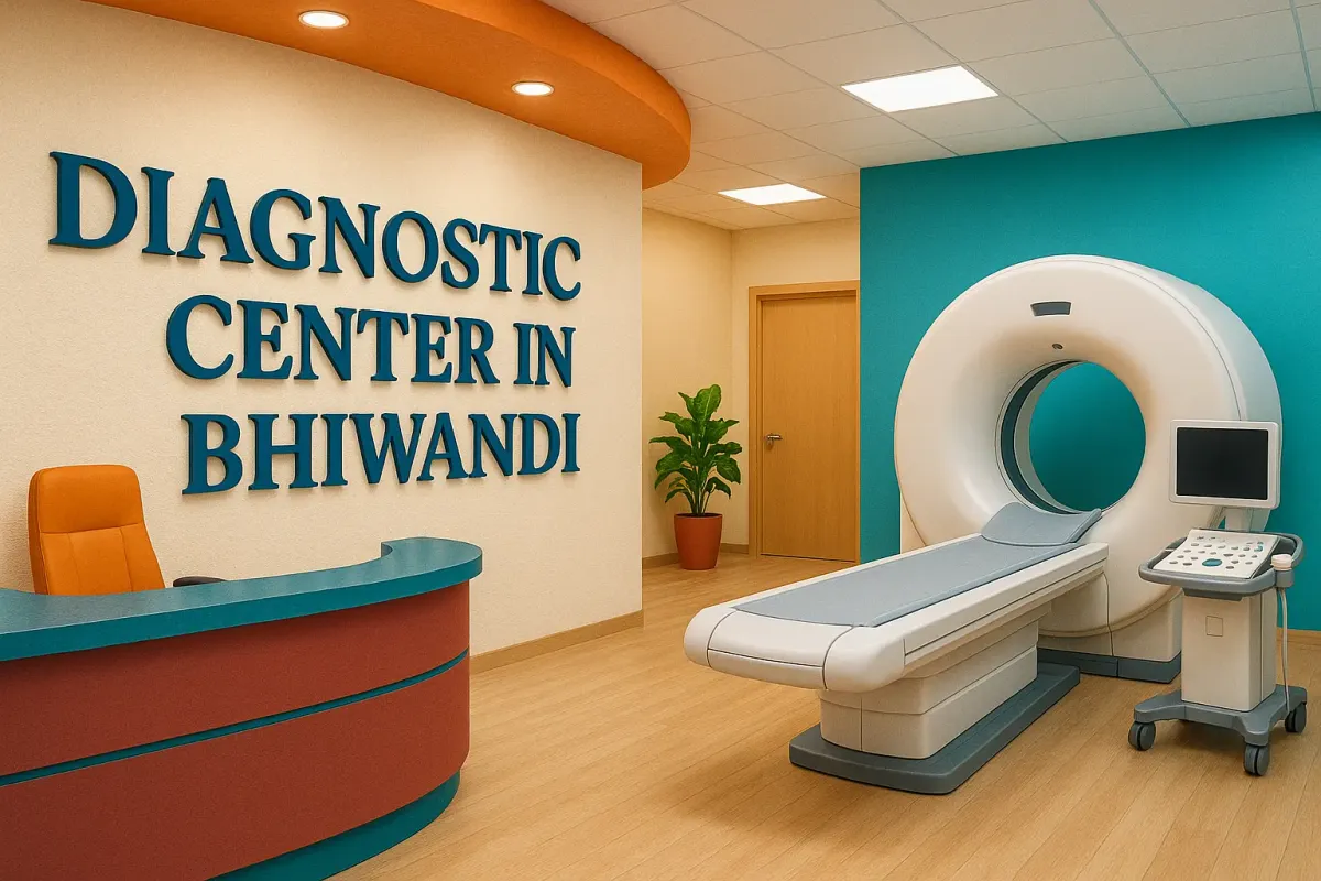 Modern diagnostic center in Bhiwandi with advanced CT scan setup and bold wall text reading “Diagnostic Center in Bhiwandi.”