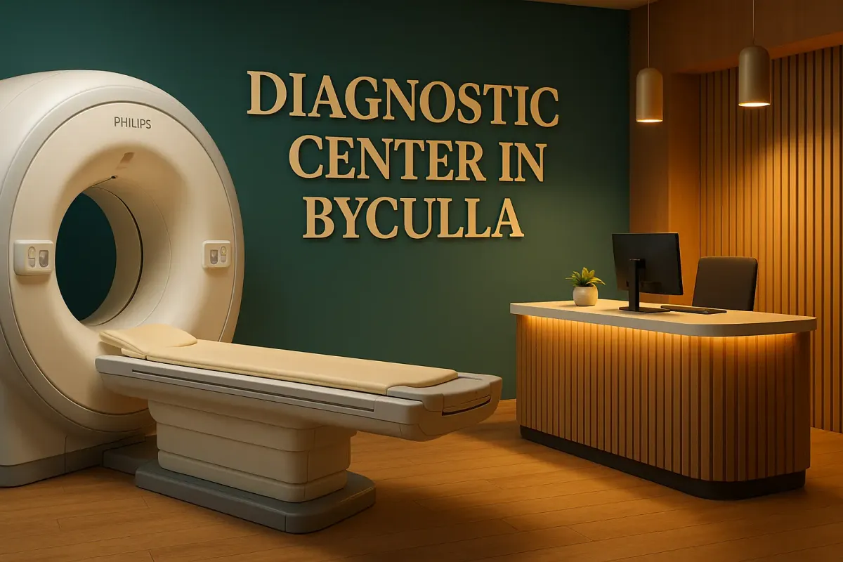 Modern diagnostic center in Byculla with MRI scanner, wood-accented reception, and bold Lora font text on teal wall.