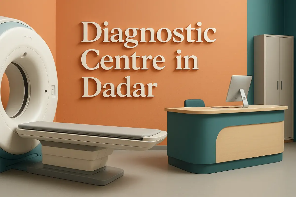 Modern diagnostic centre in Dadar with MRI scanner, reception desk, and highlighted wall text in Lora font.