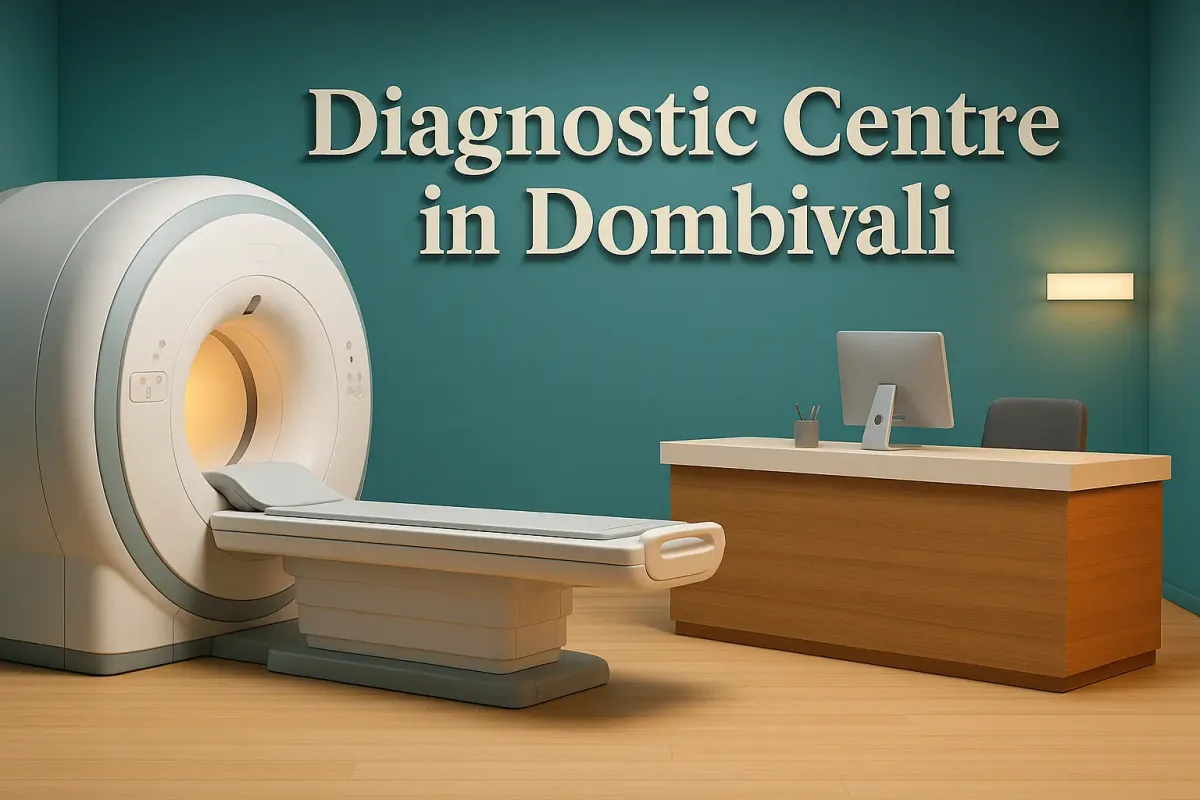 Modern 3D diagnostic centre in Dombivli with Lora font text, colorful interior, shadow effects, and a futuristic design.