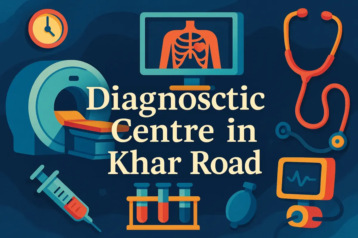 Diagnostic Centre in Khar Road with colorful medical visuals, Lora font text, shadow effects, and creative 4D-style layout.