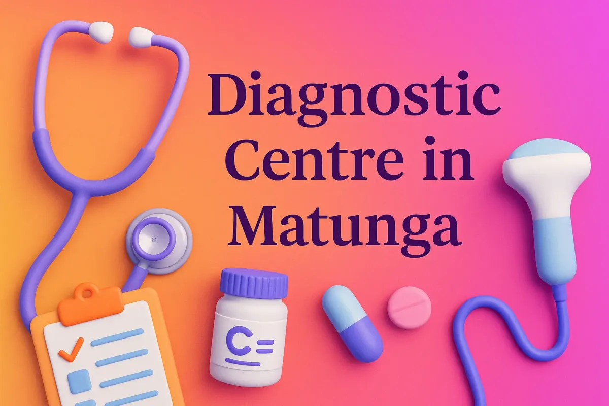 3D image of Diagnostic Centre in Matunga with medical items, colorful background,