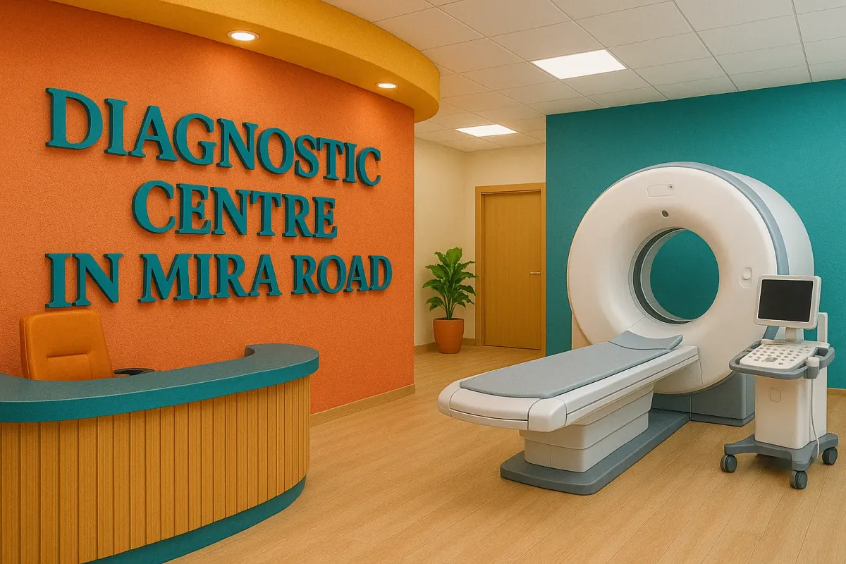 Modern diagnostic centre in Mira Road with MRI setup, reception desk, and bold teal wall text on an orange background.