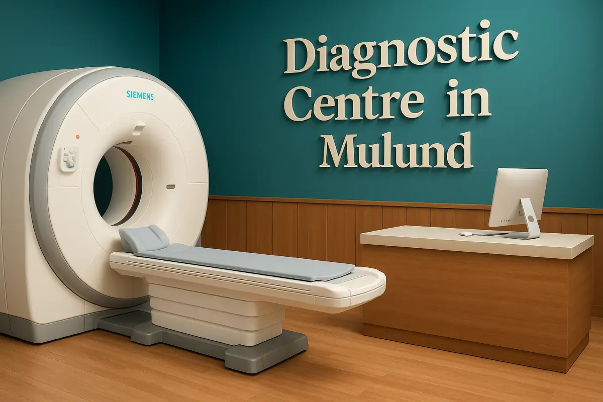 Modern diagnostic centre in Mulund with MRI scanner, wood-toned desk, and bold Lora font text on teal background wall.