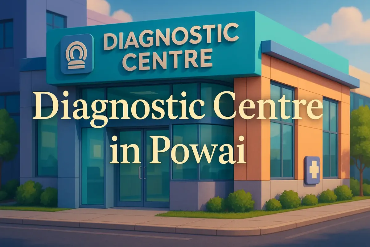 3D diagnostic centre in Powai with bold Lora font text, shadow effects, colorful facade, and modern glass architecture.