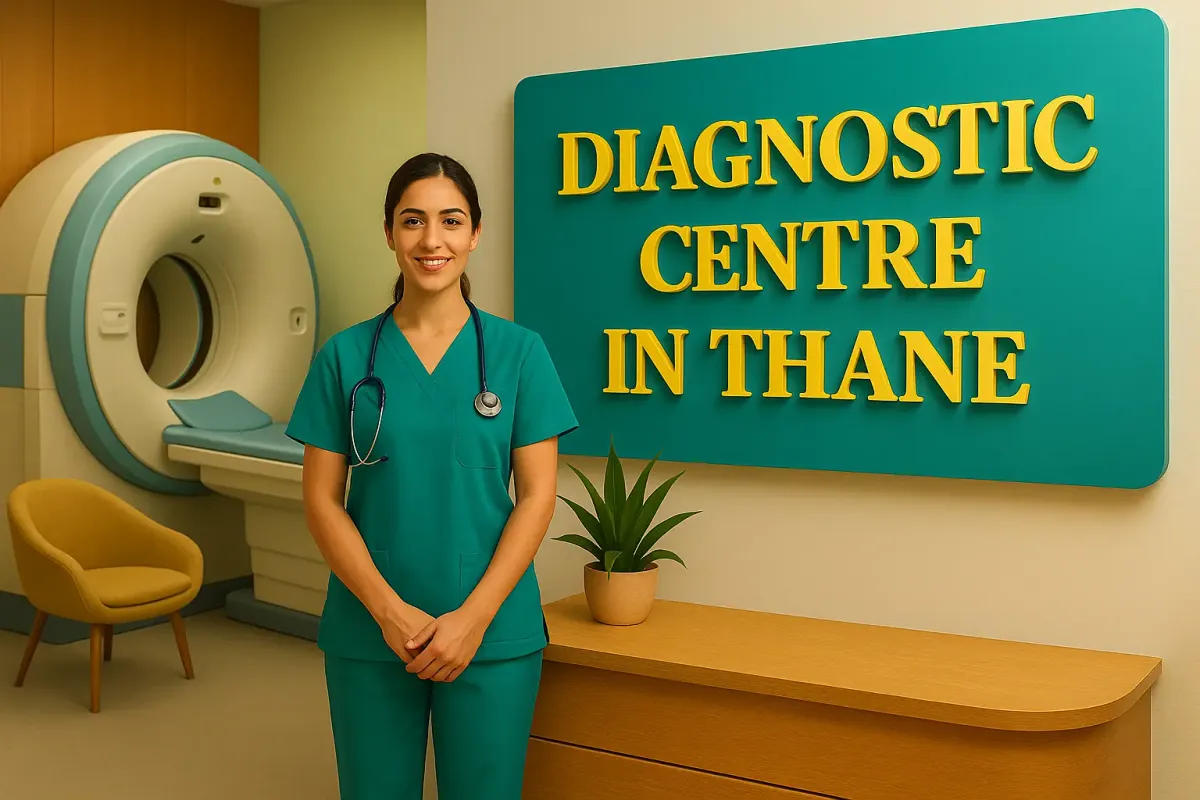 Female technician standing in Diagnostic Centre in Thane with 3D MRI scanner and Lora font signage in vibrant modern setting