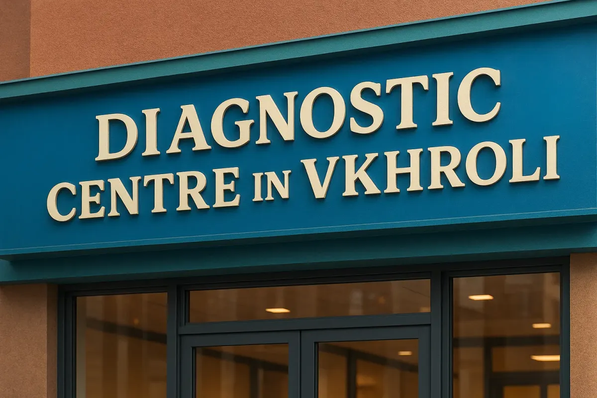 Modern diagnostic centre in Vikhroli with bold signage in Lora font, featuring colorful facade and 3D shadow effects.