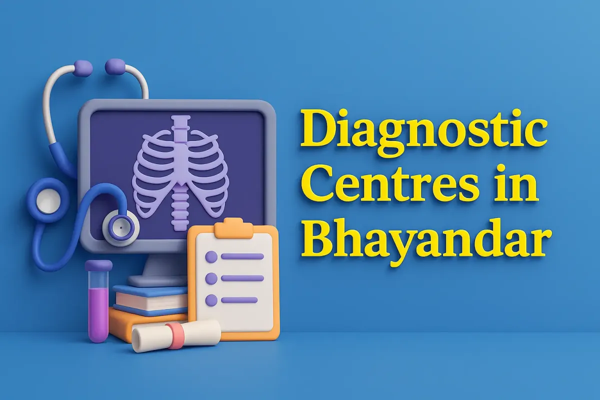 3D diagnostic lab scene with advanced equipment and “Diagnostic Centres in Bhayandar”.