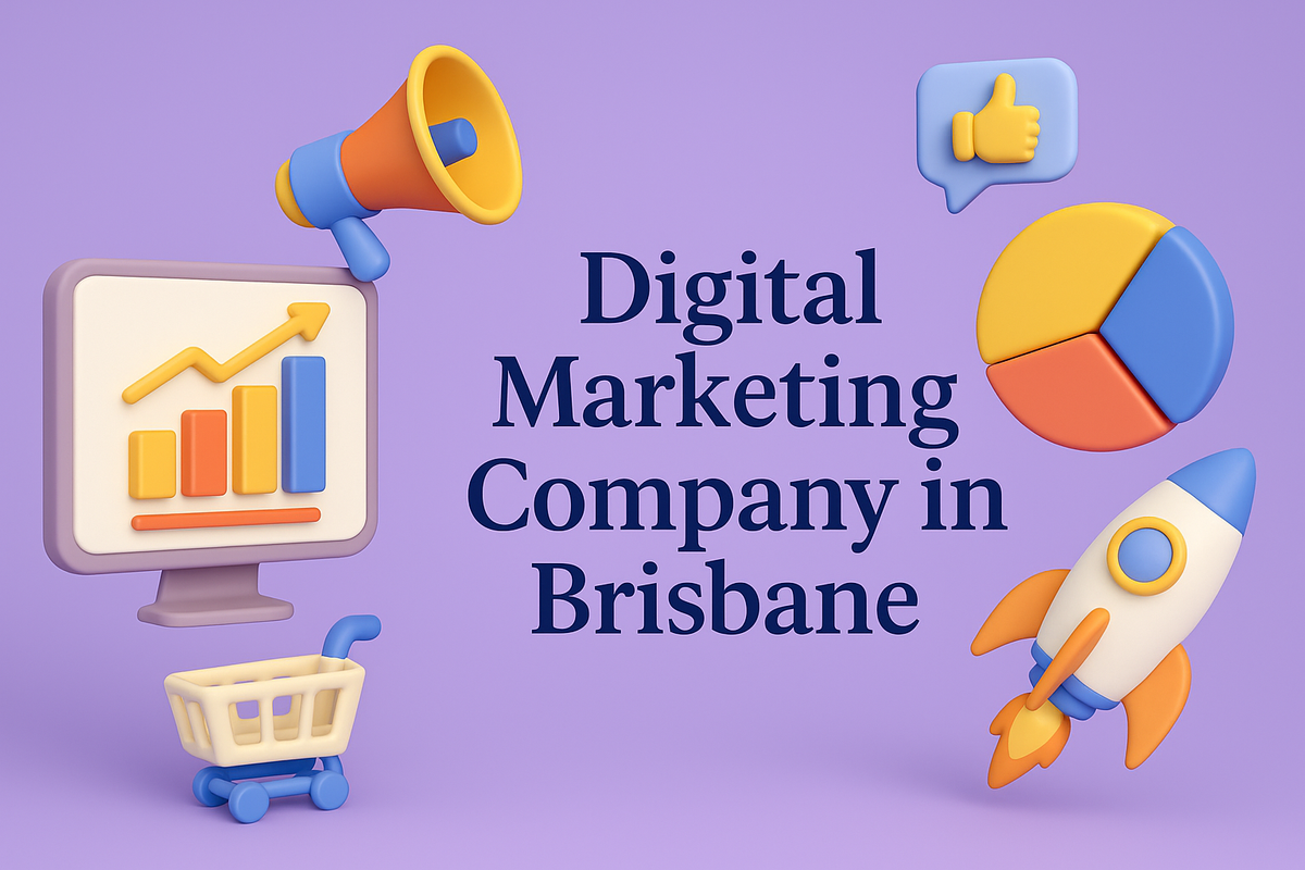 3D illustration of digital marketing elements with growth chart, rocket, and “Digital Marketing Company in Brisbane”