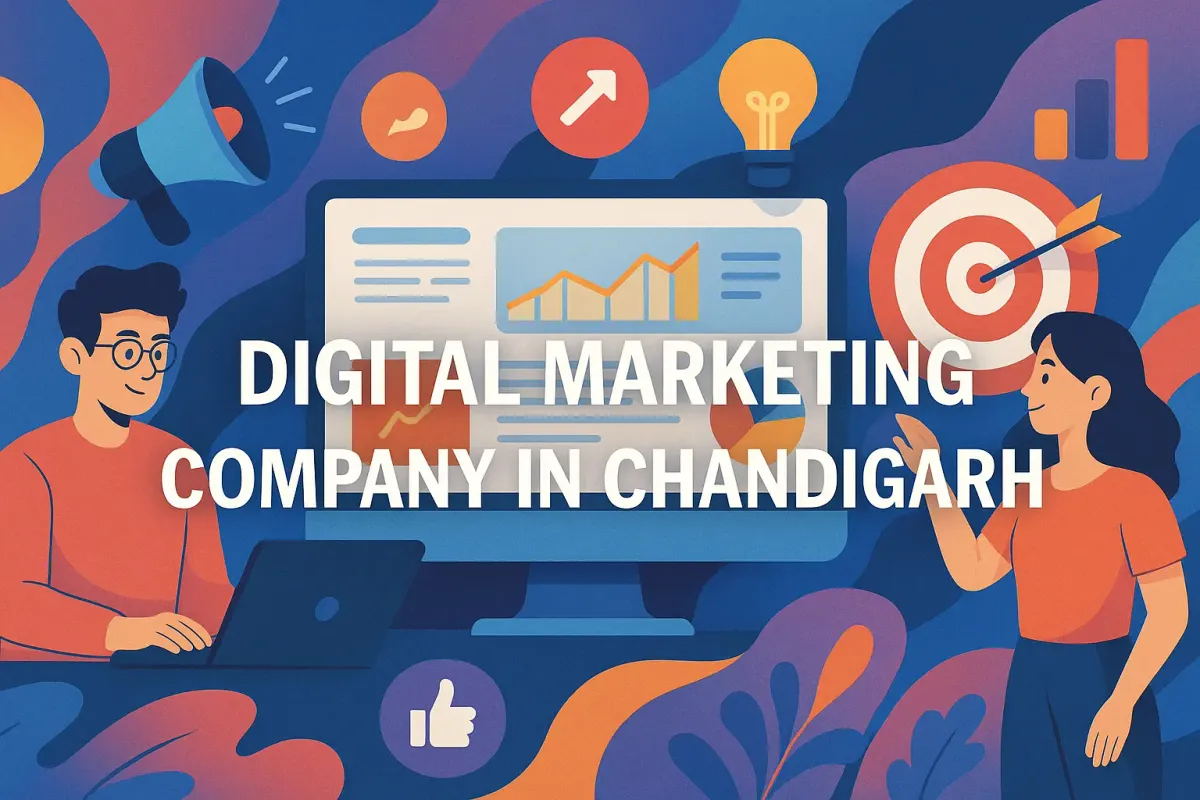 Colorful digital marketing banner showing creative team in Chandigarh with graphs, target, and strategy icons.